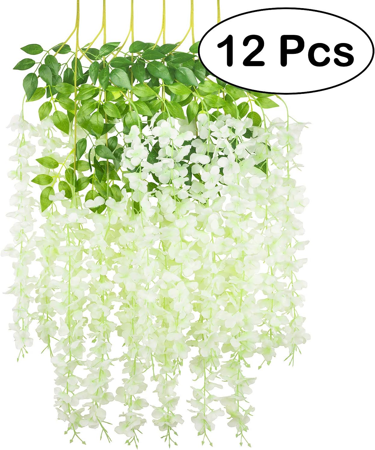 12 Pieces / 45 inch / 3.67 Feet Artificial Wisteria Flower Hanging Silk Vine Rattan Fake Garland for Wedding Party Garden Outdoor Greenery Decoration Milk White