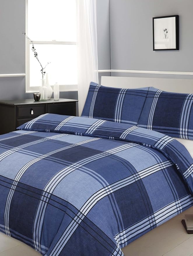 Modern King Size Hamilton Check Printed Blue Duvet Cover Bedding Set