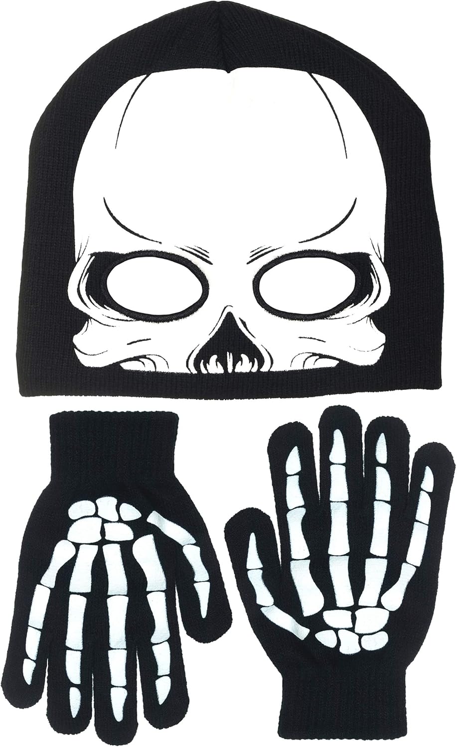 Polar Wear Boy's Skeleton Knit Beanie with Eye Holes & Glove Set (Black-White): Clothing