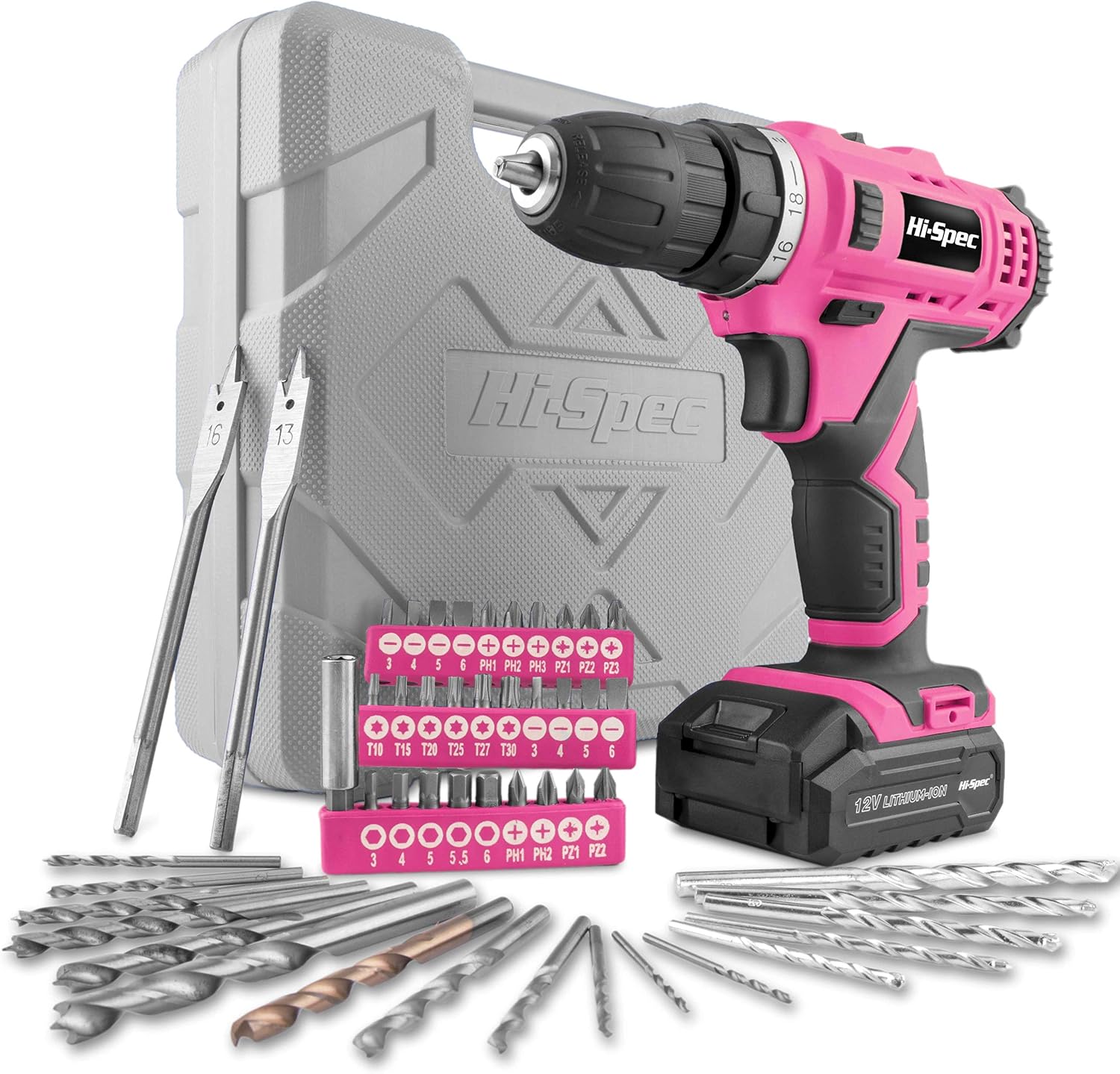 Hi-Spec Electric Drill Driver 12V with Screwdriver and Drill Bit Set Pink 50 Pc. Cordless Drill in a Carry Case with Rechargeable Battery