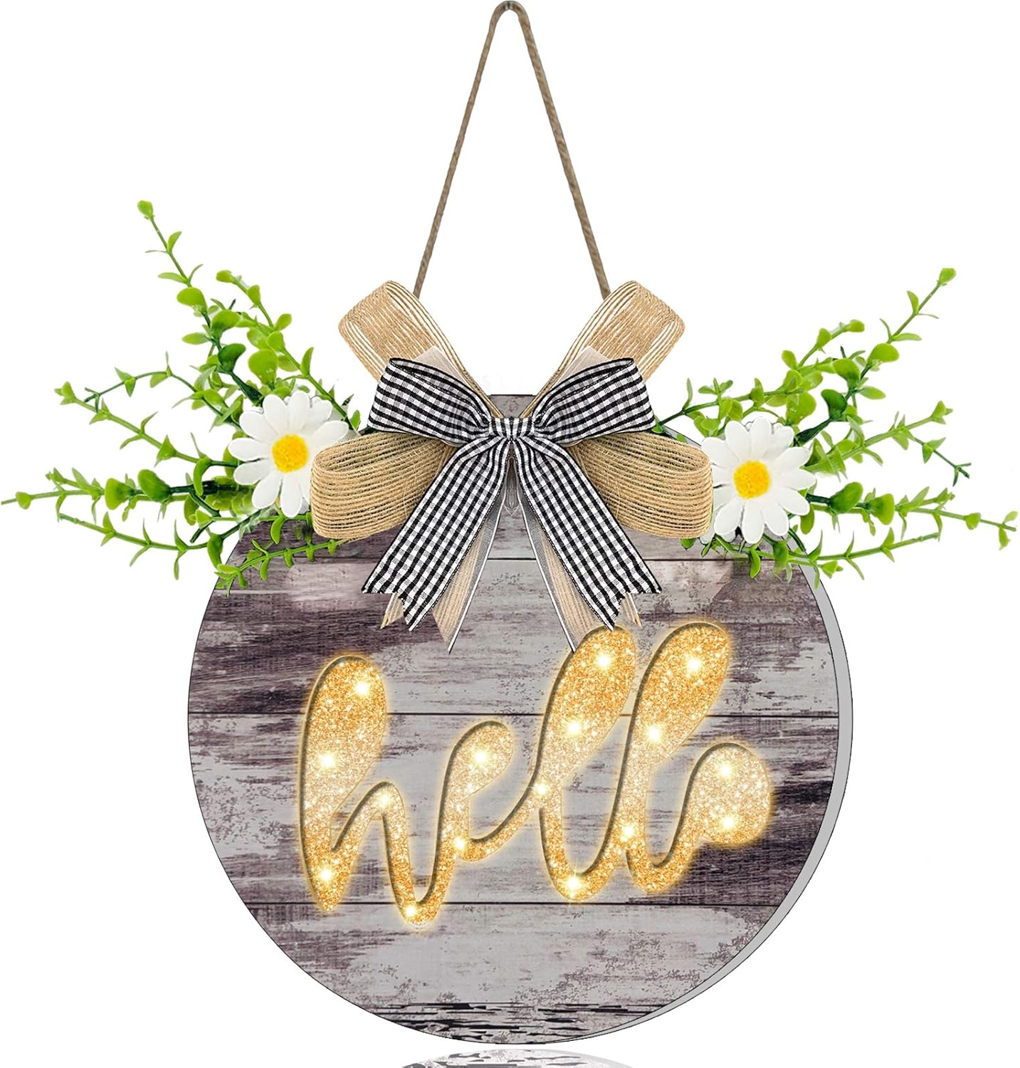 AMENON Wooden Hello Wreath Sign with Pre-Lit Light for Front Door Porch Decor Battery Driven Timer Eucalyptus Daisy Wreath Hello Hanging Sign Spring Summer Farmhouse Porch Outdoor Gift(White)