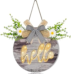 AMENON Wooden Hello Wreath Sign with Pre-Lit Light for Front Door Porch Decor Battery Driven Timer Eucalyptus Daisy Wreath Hello Hanging Sign Spring Summer Farmhouse Porch Outdoor Gift(White)