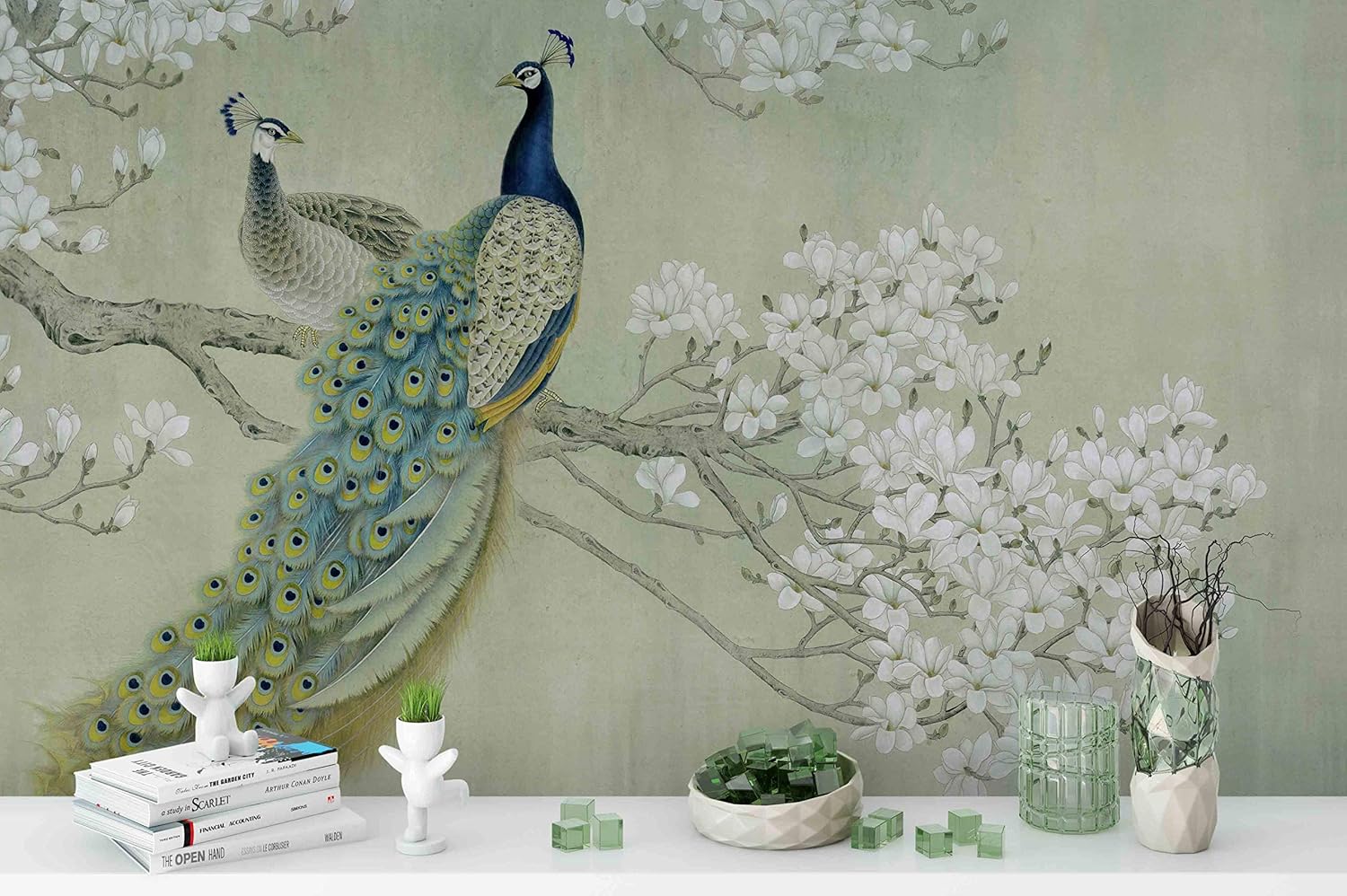 3D Peacock Branch Blossom Wallpaper Wall Mural | Self Adhesive