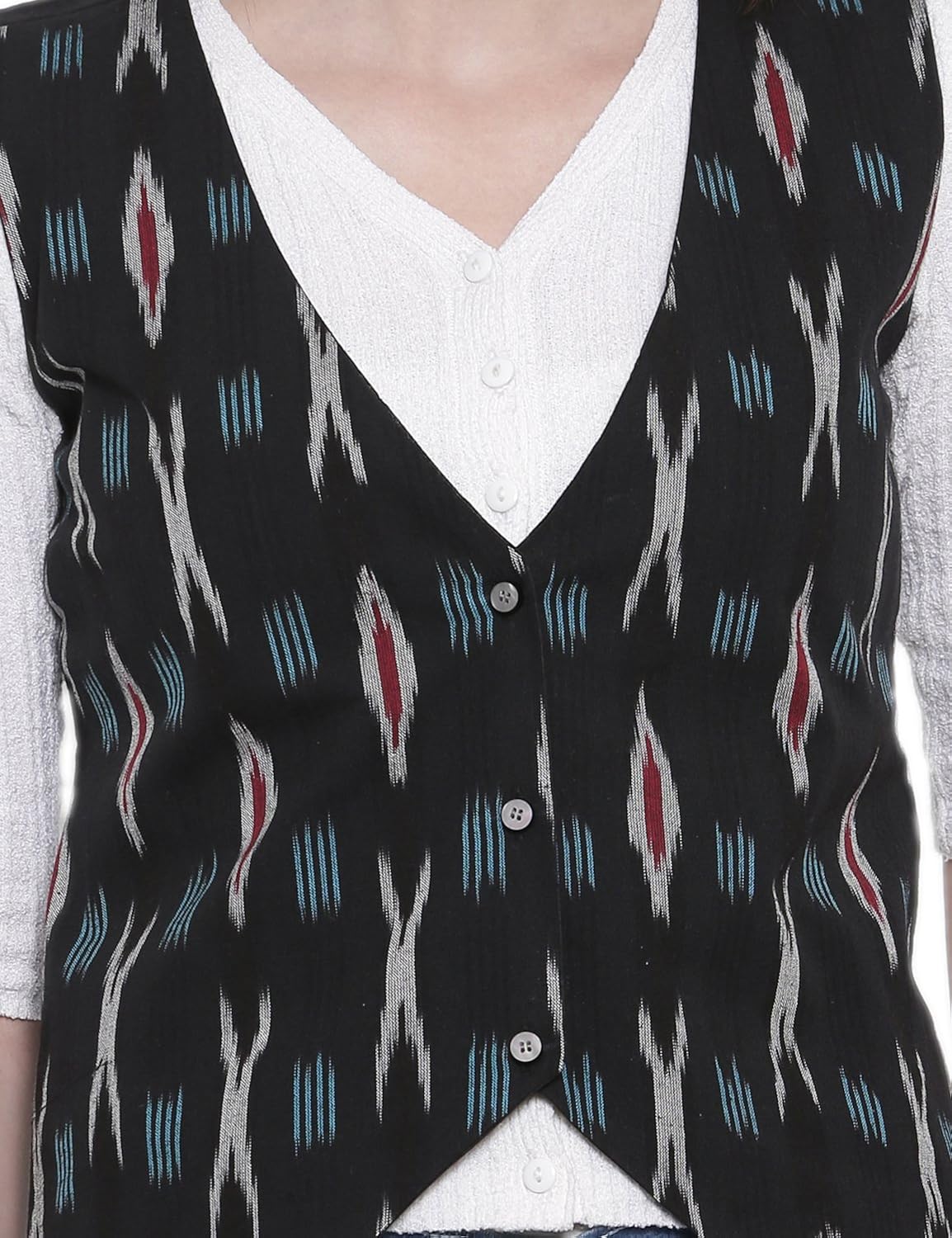 soochirang women's ikat hand woven sleeveless cotton short waist coat