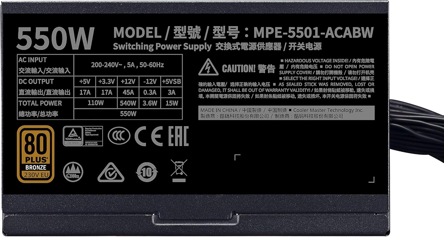 Cooler Master MWE 550 Bronze 230V V2, UK Power Supply Unit, 80 PLUS Bronze, Temperature-Responsive HDB Fan - Image 4