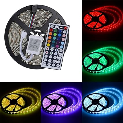 elcPark 5M/16.4FT RGB Changing Color LED Strip Light + 44keys IR Remote Controller led Kit SMD 5050 300LED Waterproof IP65 ,White Double sided board
