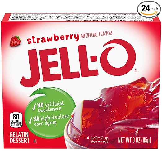Amazon Com Jell O Strawberry Gelatin Mix 3 Oz Boxes Pack Of 24 Gelatin Dessert Mixes Grocery Gourmet Food