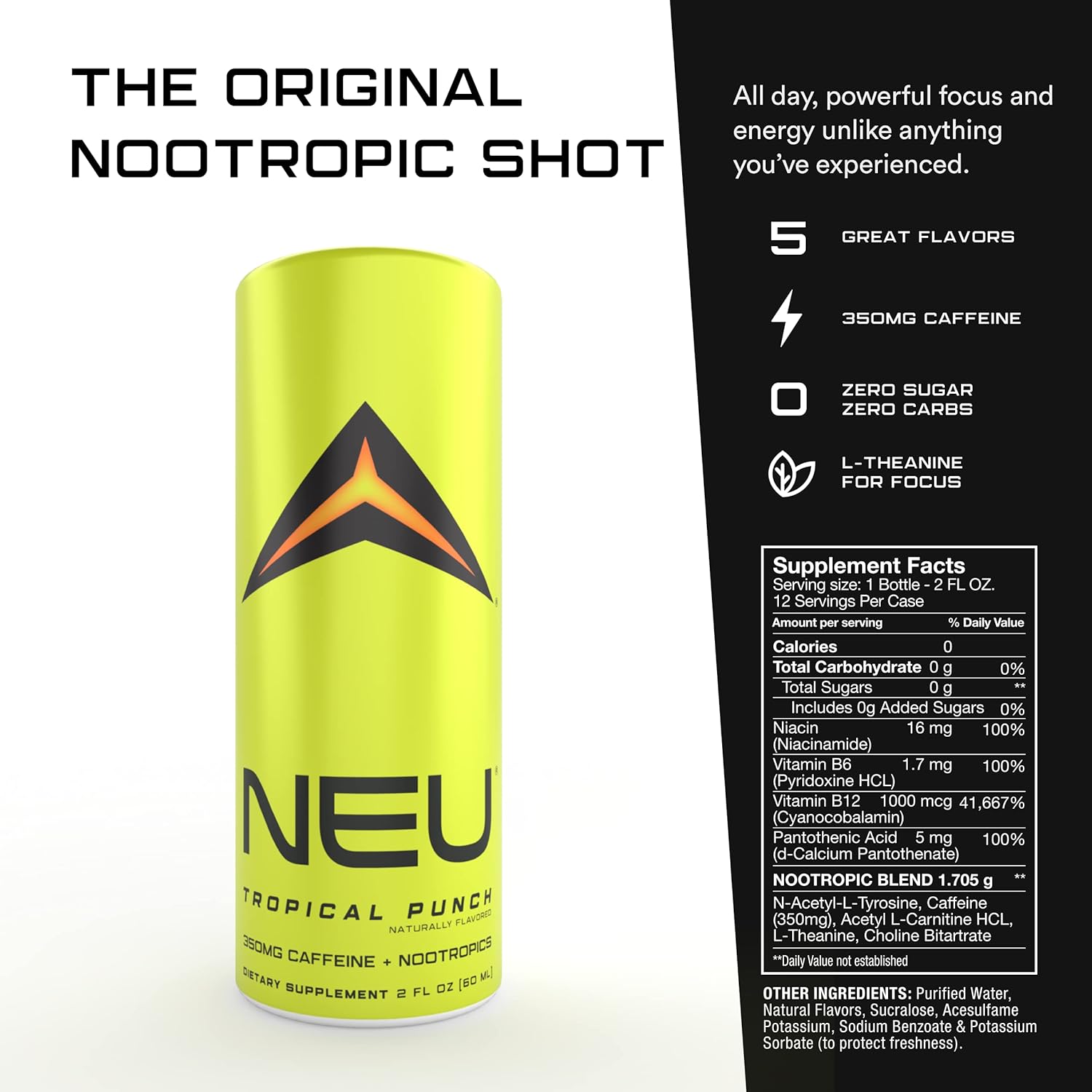 NEU Extra Strength Energy Shots, Pre Workout Energy Drinks Nootropics Brain Support Supplement, Zero Carb, Zero Calorie, Zero Sugar Free Coffee Alternative Keto Friendly, Twisted Tangerine 2 Fl Oz: Health & Personal Care