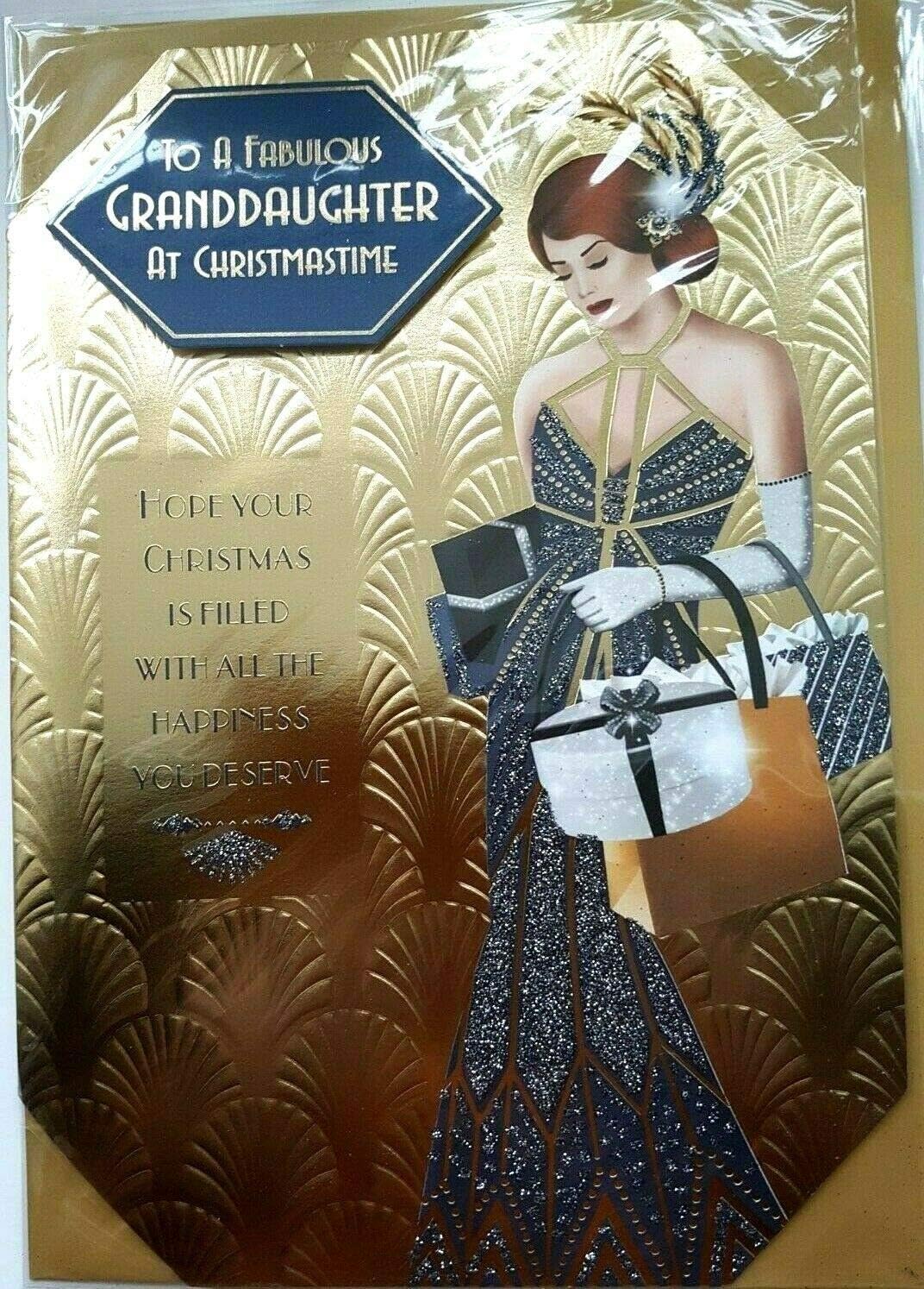 Art Deco - Love To a Fabulous Granddaughter - Large Golden Christmas Card, 210 x 290 mm