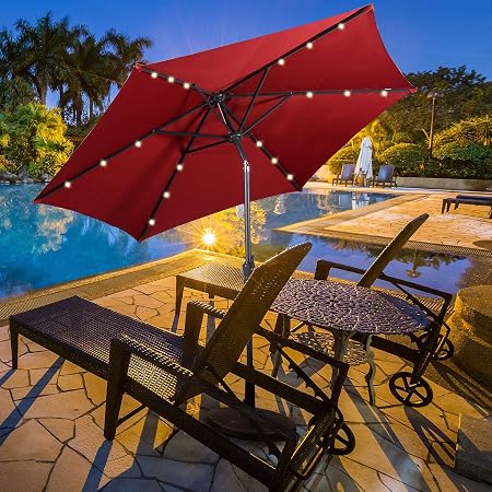 Amazon Com Happygrill 9ft Patio Umbrella With Solar Lights Outdoor Table Umbrella With Tilt Crank Sun Umbrellas For Market Garden Patio Pool Burgundy Garden Outdoor
