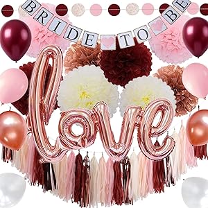 Burgundy and Rose Gold Bachelorette Party Decorations Bridal Shower Kit - Classy Pink Engagement Decor - Tissue Pom Poms Balloons Bride to Be Banner Circle Garland Tassels - All in ONE