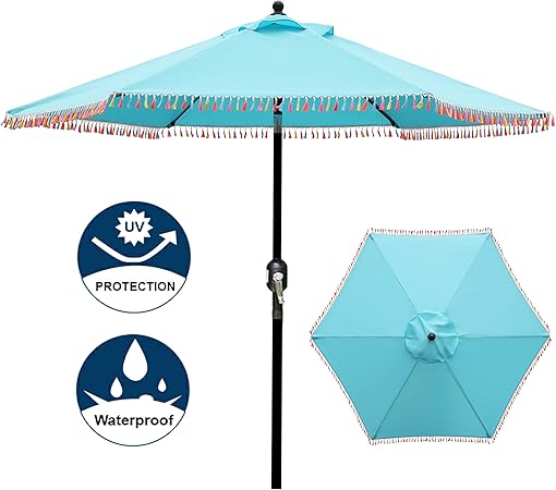 Amazon Com Blissun 7 5 Ft Patio Umbrella With Fringe Yard Umbrella Push Button Tilt Crank Garden Outdoor