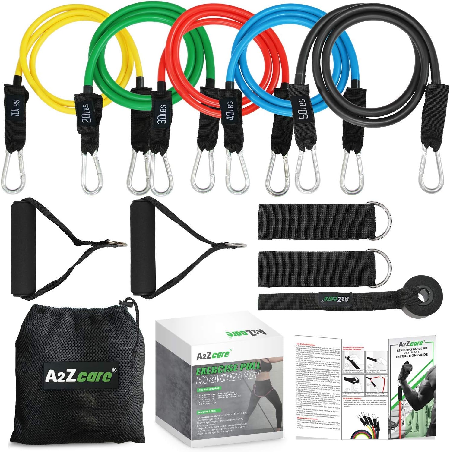 A2ZCARE Resistance Bands Set - Include 5 Stackable Exercise Bands, Premium Door Anchor, Legs Ankle Strap, Exercise Foam Handle | Carry Bag & Instruction Guideline Workout