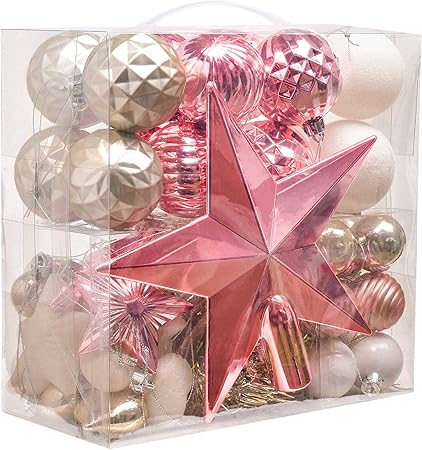 Victors Workshop 50pcs Boules De Noël Rose Décoration De Sapin Or Rose Et Blanc Boules De Noël Avec Arbre Topper Ornement Incassable Table De Noël