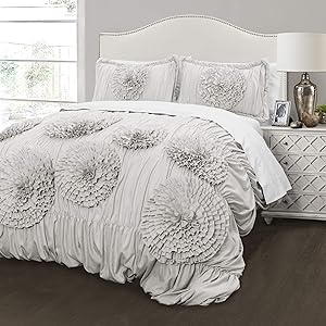 Lush Decor Serena Comforter Ruched Flower 3 Piece Set Full Queen Light Gray