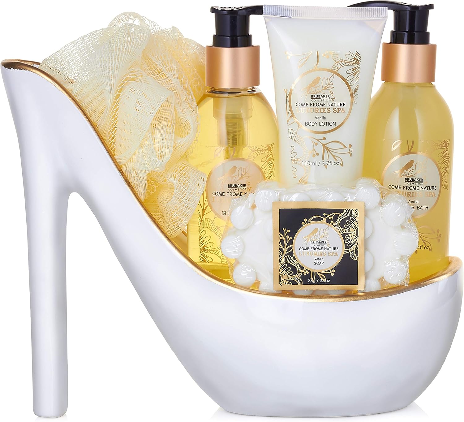 BRUBAKER Cosmetics Luxus Vanilla Spa Beautyset - 6-Piece Bath and Shower Set - Gift Set in Ceramic Stiletto White Gold - Image 3