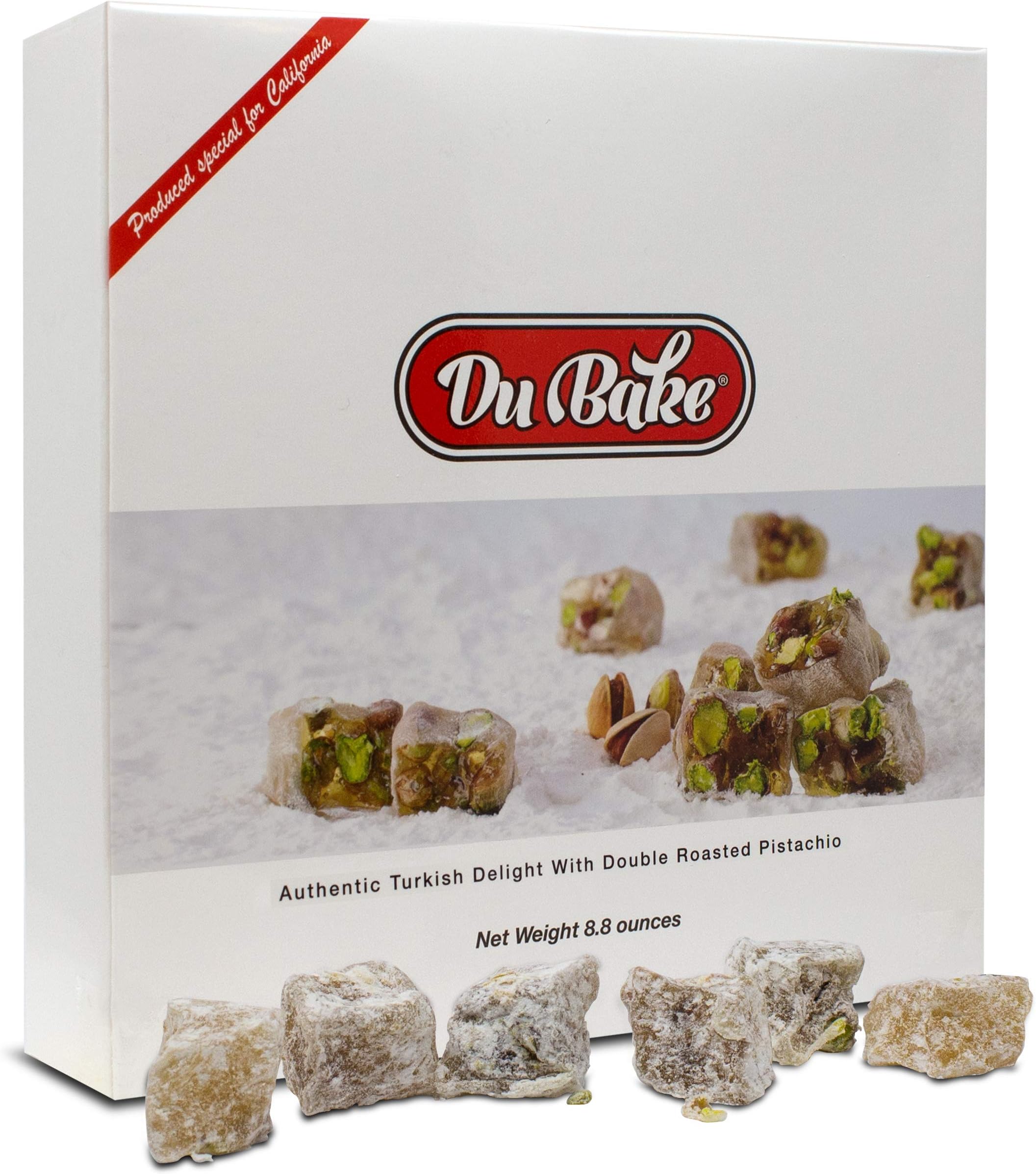 Du Bake Authentic Bite Size Turkish Delight Mini Fruit Flavored Jelly Candy with Double Roasted Pistachio - Dusted with Sugar for Sweet Dessert Treats Packed in a Gourmet Gift Box