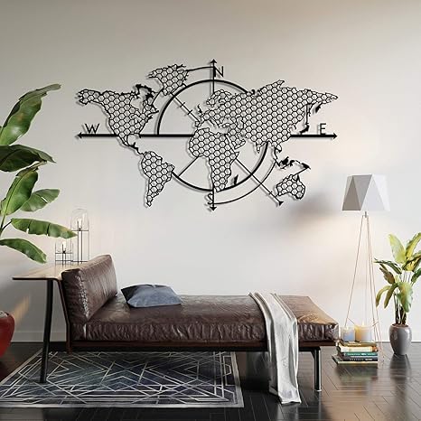Amazon Com World Map Compass Metal Wall Decor Metal Wall Art Decor 3d Metal Sculpture Metal Wall Decor For Home Office Bedroom Living Room Outdoor Decoration 39x24 Inches Everything Else