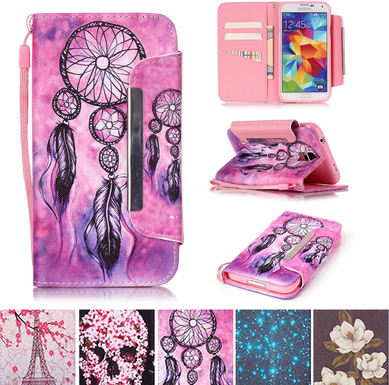 Galaxy S5 Case, Kickstand Flip [Card Slots] Wallet Cover Double Layer Bumper Shell with Magnetic Closure Strap Protective Case for Samsung Galaxy S5 / SV / S V / i9600- Net