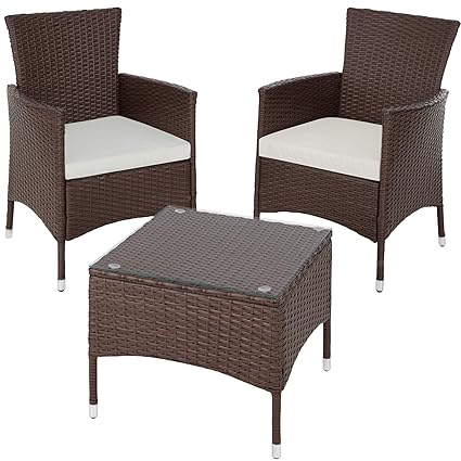 TecTake 800566 Poly Rattan Gartenset | 2 Stühle und Kleiner Tisch mit Glasplatte | Robustes Gestell aus Stahl - Diverse Farbe