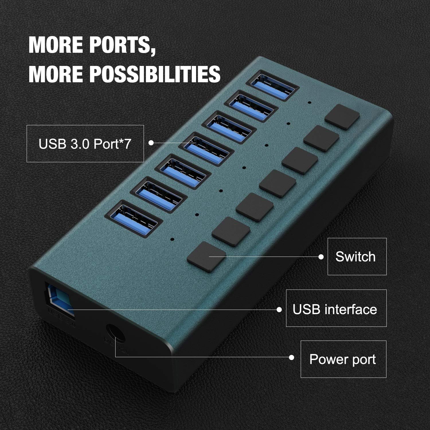 USB 3.0 Hub -7 Ports Powered USB Hub 36W USB Charging Hub with Individual On/Off Switches and 12V/3A Power Adapter and Multi-USB Port for PC, Laptop, Computer, Mobile HDD, Flash Drive and More（Green: Computers & Accessories