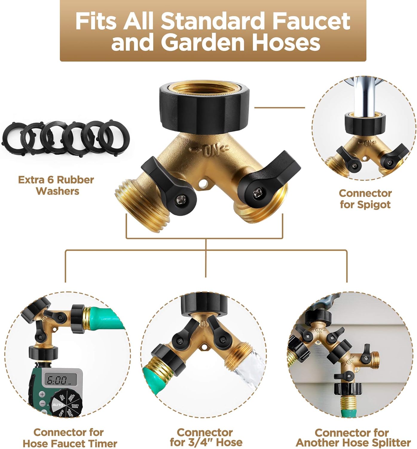 IPOW Solid Brass Body Backyard 2 Way Y Valve Garden Hose Connector Splitter Adapter + 6 Rubber Hose Washers with Comfort Grip: Garden & Outdoor