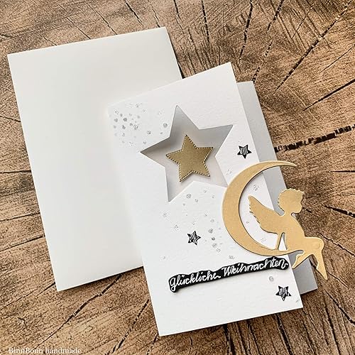 6 Personalisierte Weihnachtskarten Mit Umschlagen Weihnachtsgrusse Karten Grusskarten Gluckliche Weihnachten Christmas Greeting Card Engelchen Im Mond Sterne Gold Handarbeit Binnbonn Amazon De Handmade