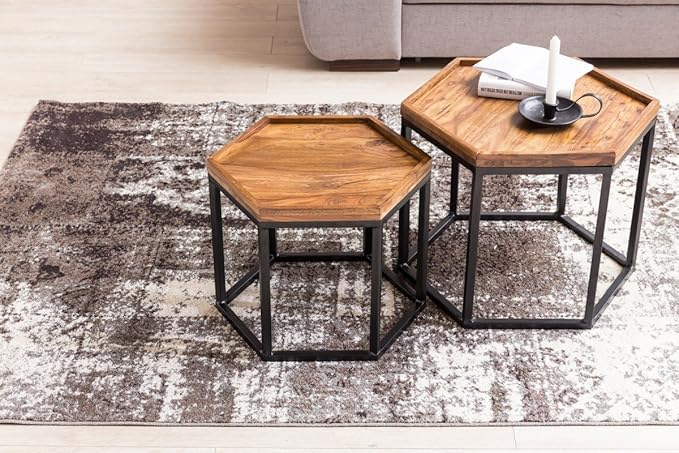 Set Of 2 Design Side Table Akola From Sheesham Wood 2 Pieces Modern Honeycomb Coffee Table Nesting Tables With Metal Frame Furniture Tables