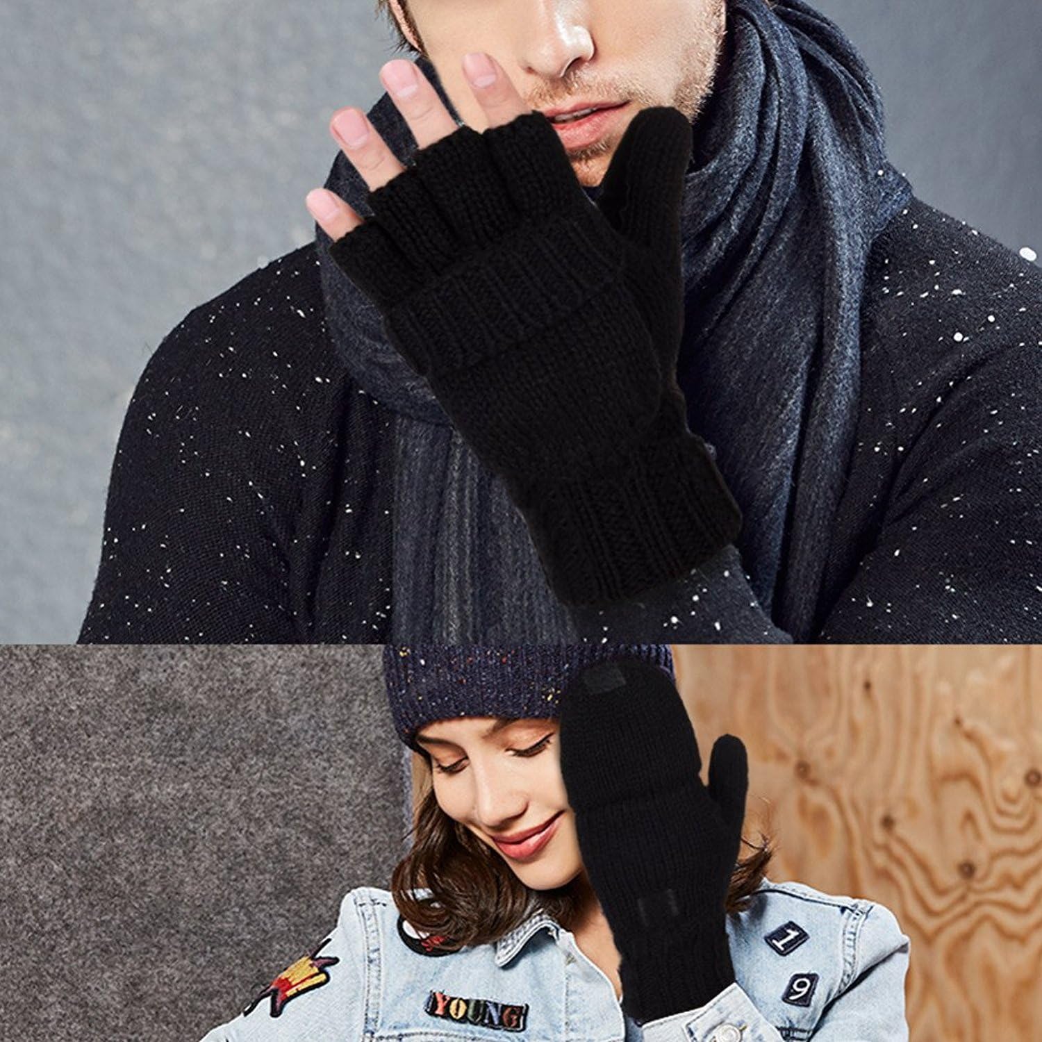 Winter Wool Knitted Fingerless Gloves Convertible Thinsulate Thermal Insulation Mittens for Women & Men(Black) at  Women’s Clothing store
