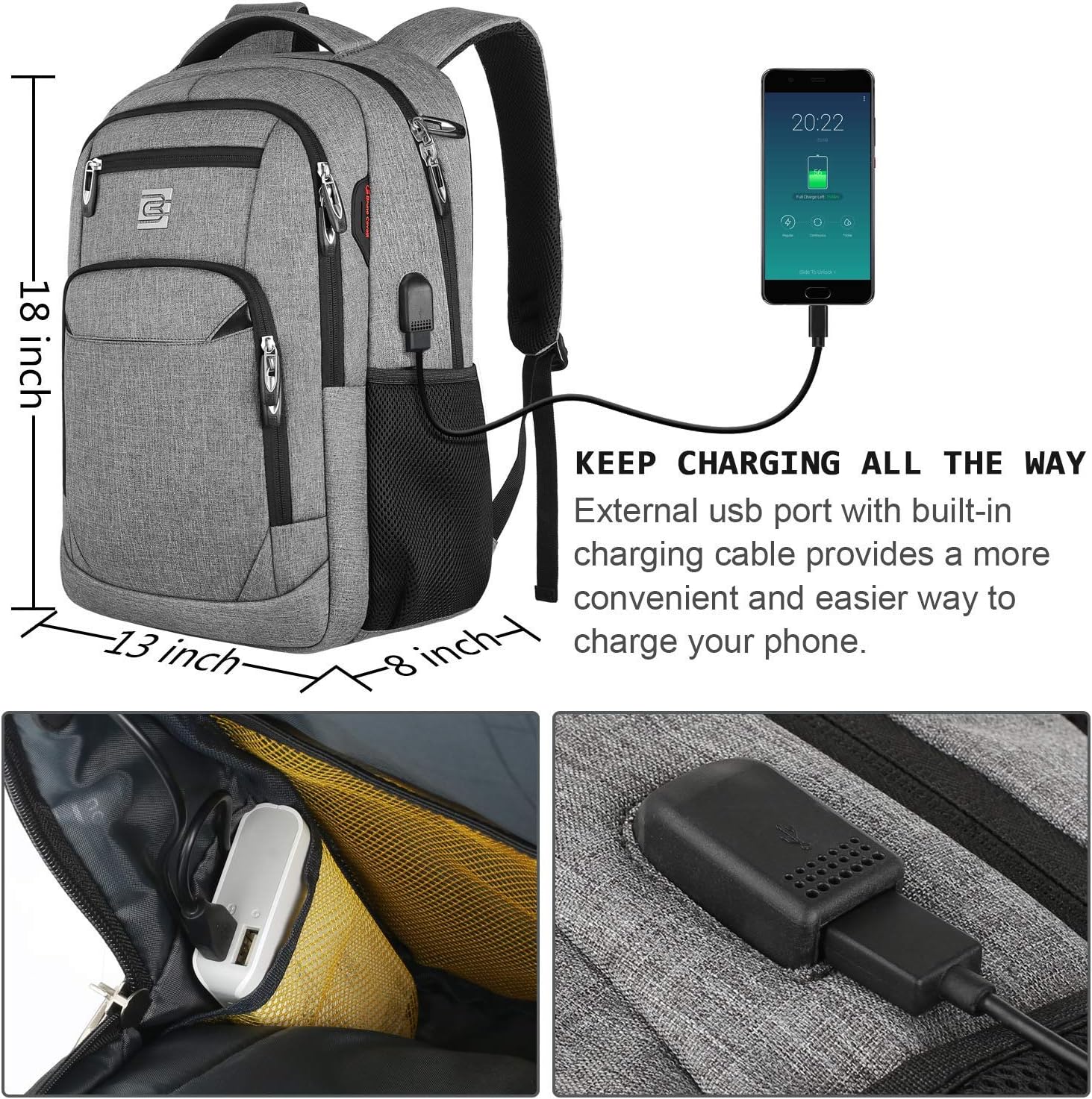 KASIBON Laptop Backpack with USB Charging&Headphone Port,Anti-Theft Business Laptop Backpack with Breathable Padded Shoulder Strap - Image 4
