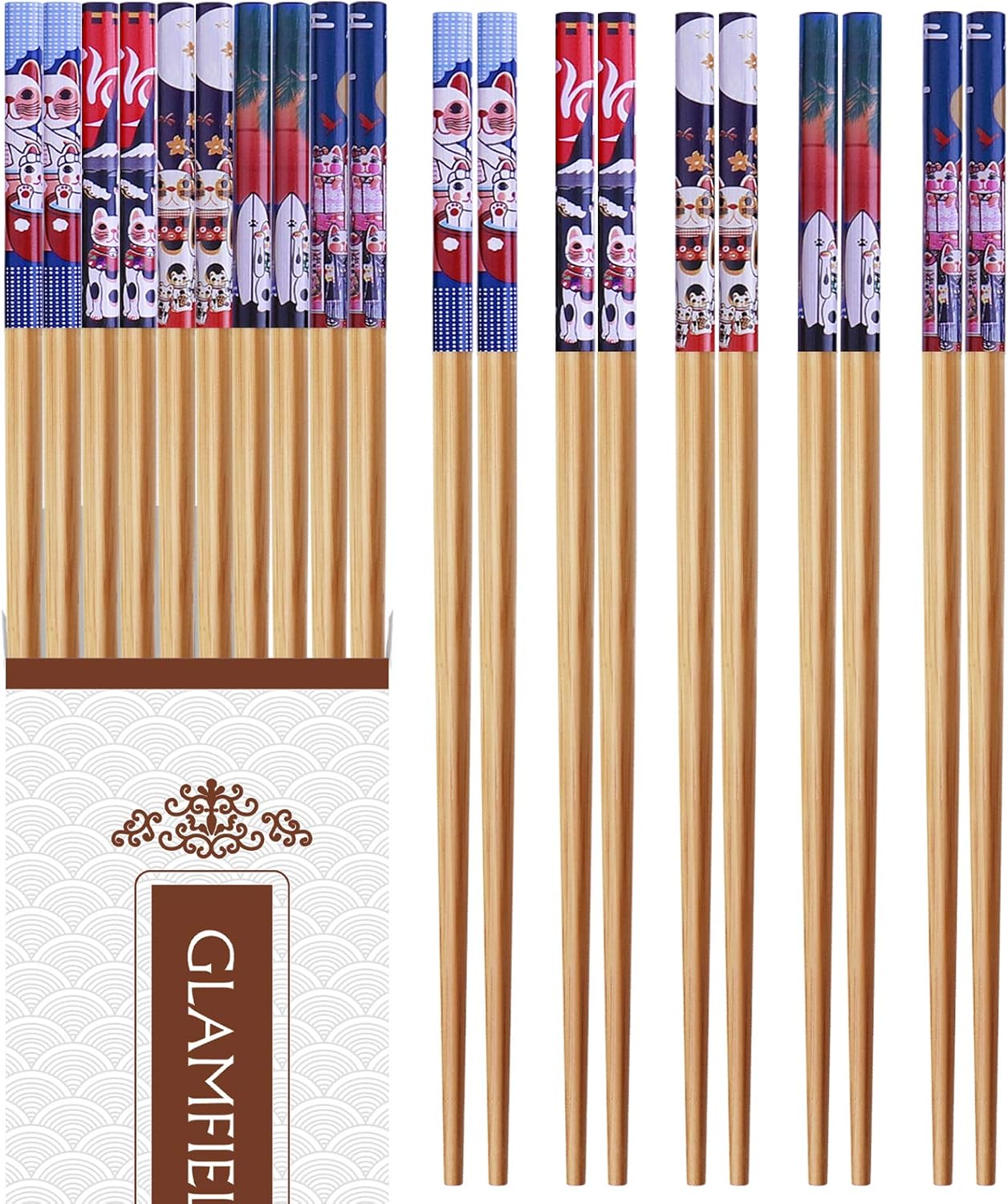  | 10-Pairs Bamboo Chopsticks, GLAMFIELDS Reusable Chopsticks Set Classic Natural Bamboo Chop Sticks Dishwasher Safe 9 1/2 Inches (Cute Cat Drawing): Chopsticks & Chopstick Holders