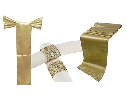 Combo Satin Pack 10 Table Runner 12x108 Inch 50 Chair Bow Sash 50 Plastic Rhinestone Napkin Rings Wedding Banquet Kitchen Homedecor