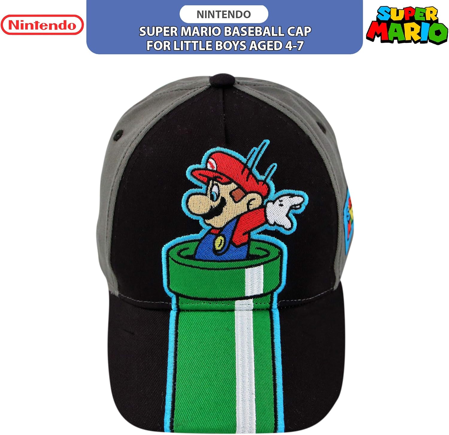 Nintendo Little Boys' Super Mario Character Baseball Cap, Black/Grey, Ages 4-7: Clothing