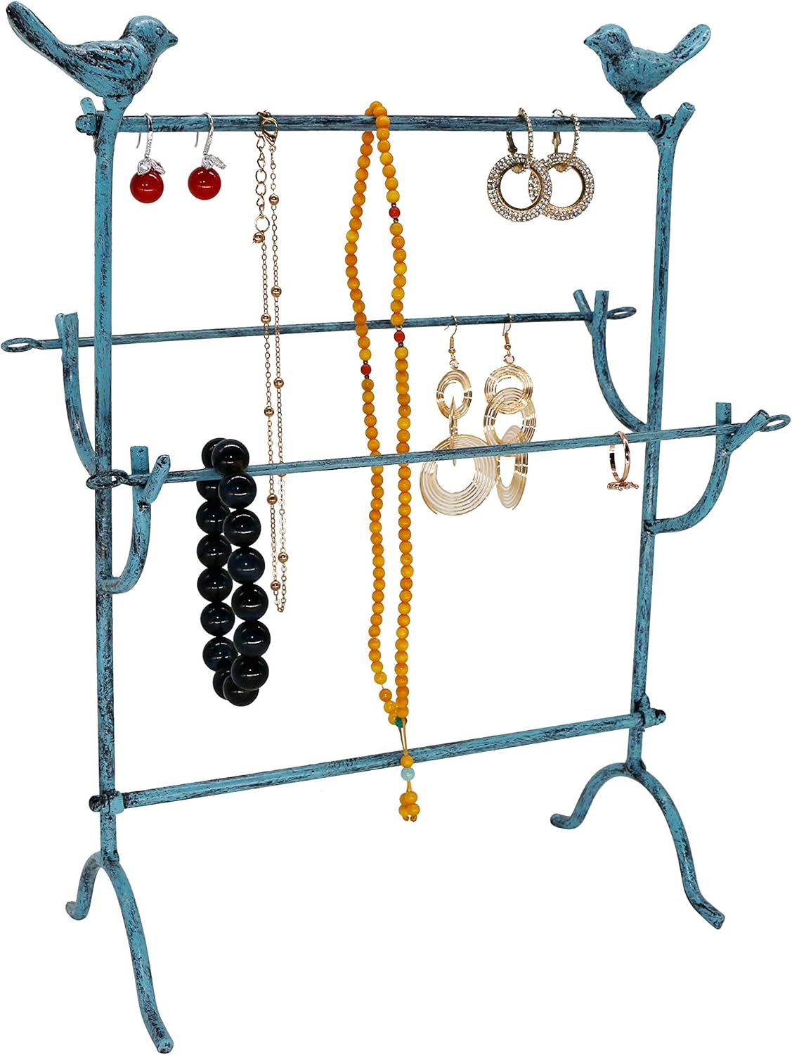 Vintage Bird Style Metal Jewelry Organizer Earring Necklace Bracelet Holder Tree Tower 4 Tier Display Stand, Turquoise