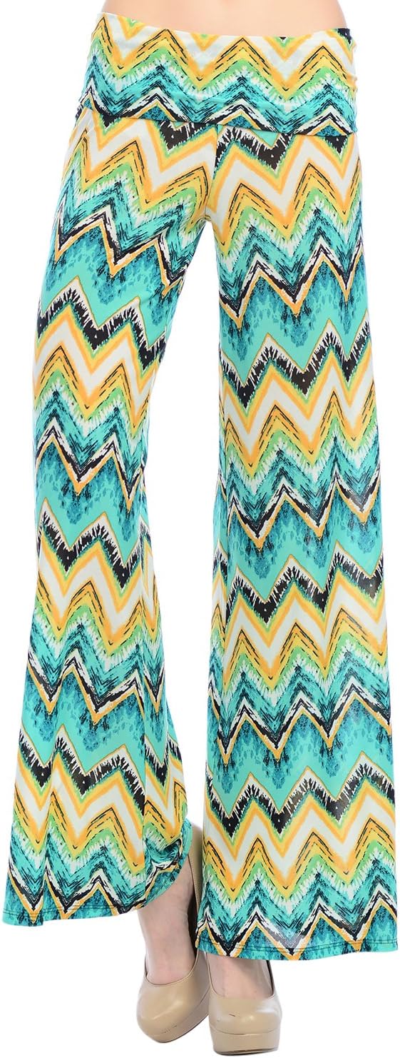Womens Zigzag Chevron Aztec Tribal Print High Waist Wide Leg Long Palazzo Pants