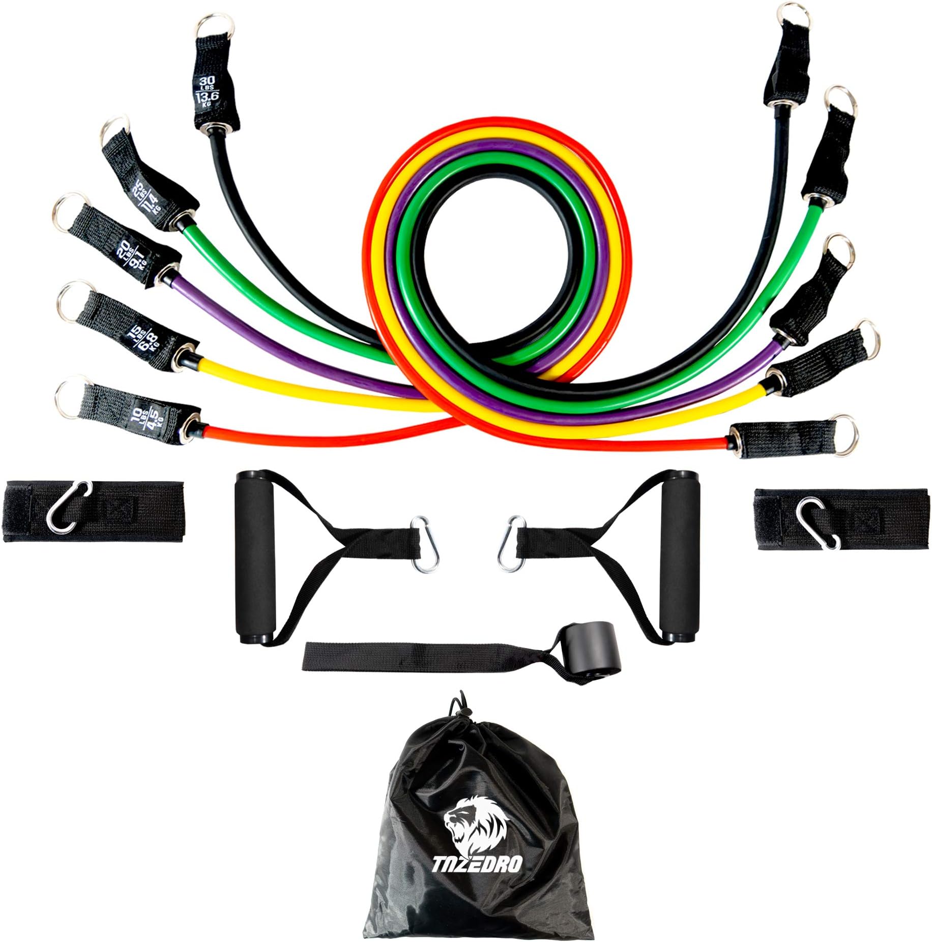 Resistance Bands Set of 11, Fitness Exercise Bands 5 Tubes, Door Anchor, Ankle Straps, Foam Handles, men/women 100lbs, for Home Gym, Yoga/Physical Therapy