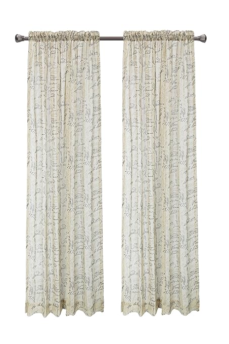 Set Of 2 Calitime French Script Faux Linen Sheers Window Curtains