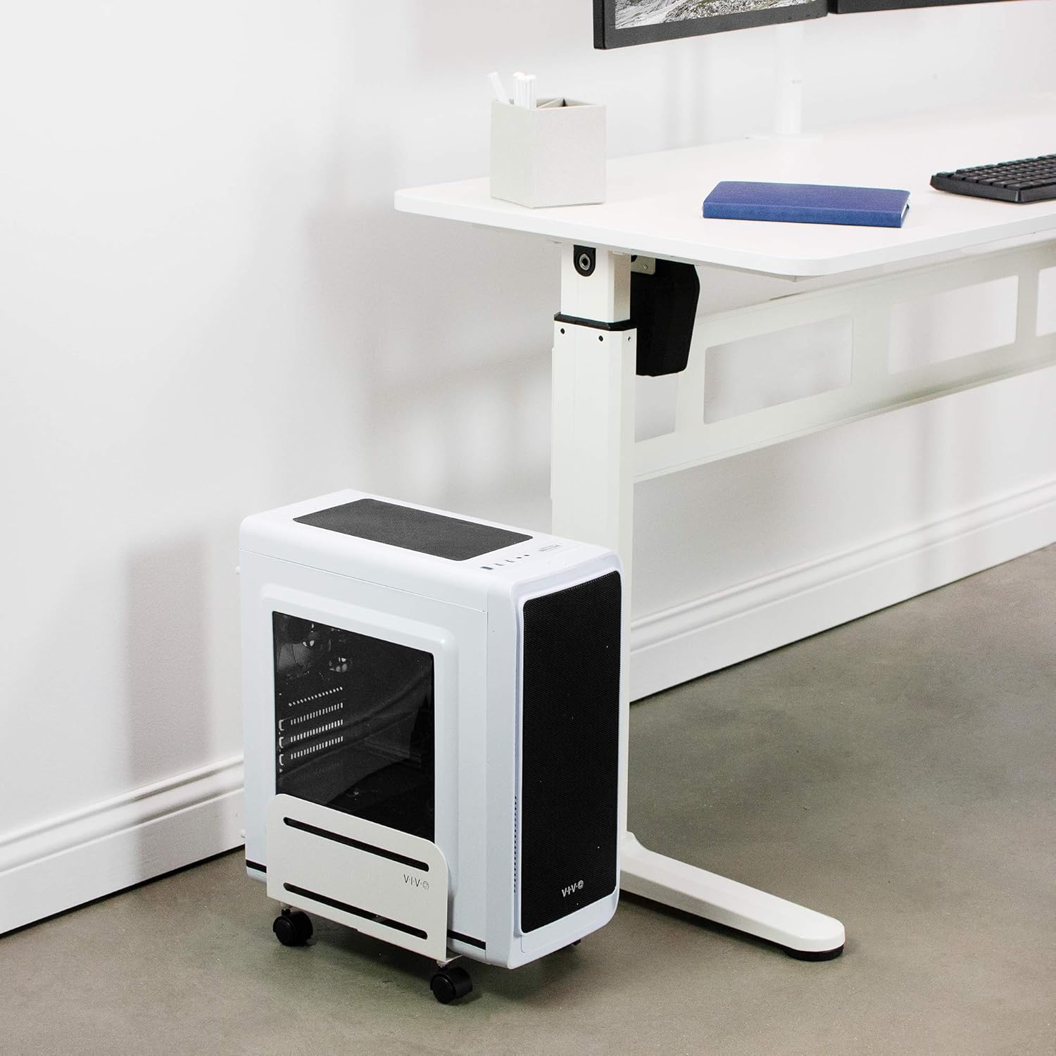 VIVO Computer Tower Desktop ATX-Case, CPU Steel Rolling Stand, Adjustable Mobile Cart Holder with Locking Caster Wheels, White (CART-PC01W) : Office Products