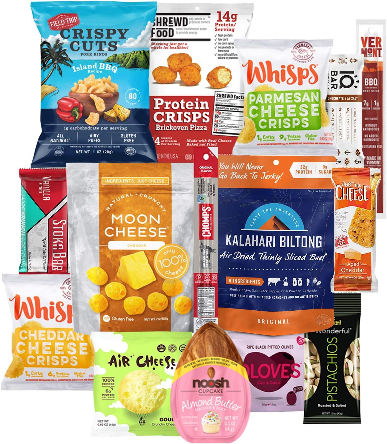Keto Snacks Care Package (15 Count) : Variety of Ketogenic Friendly & Low Carb - Protein Bars, Cheese Crisps, Grass Fed Meat Sticks Bars, Pork Rinds, Biltong, Nuts, Candy In Healthy Snack Gift Box