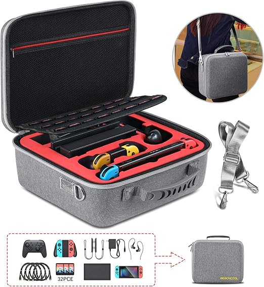 Amazon 21最新版 Switch ケース 大容量 スイッチ ケース 収納ケース Beboncool Switch 保護カバー 持ち運び便利 収納バッグ 消臭処理 防水 防汚 耐衝撃 全面保護型 グレー メモリ ハードドライブ