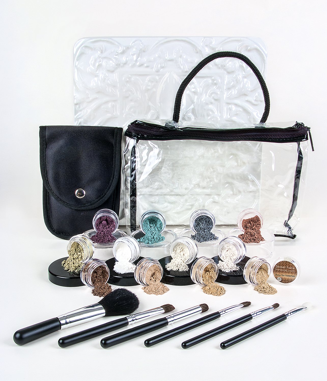 20pc STARTER KIT w/BRUSHES (WARM & BEIGE) Mineral Makeup Sample Size Set Foundation Blush Veil Eye Shadows