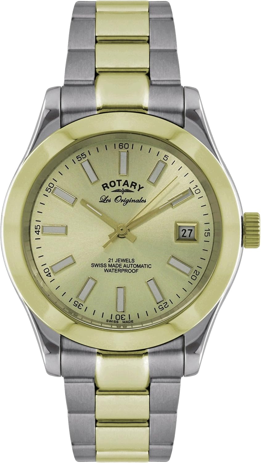 Gents/Men's Two Tone Stainless Steel Automatic Rotary Watch on Bracelet with Gold Coloured Dial