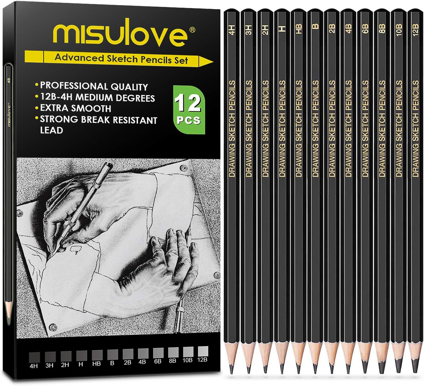 Professional Drawing Sketching Pencil Set - 12 Pieces Art Drawing Graphite Pencils(12B - 4H), Ideal for Drawing Art, Sketching, Shading, for Beginners & Pro Artists