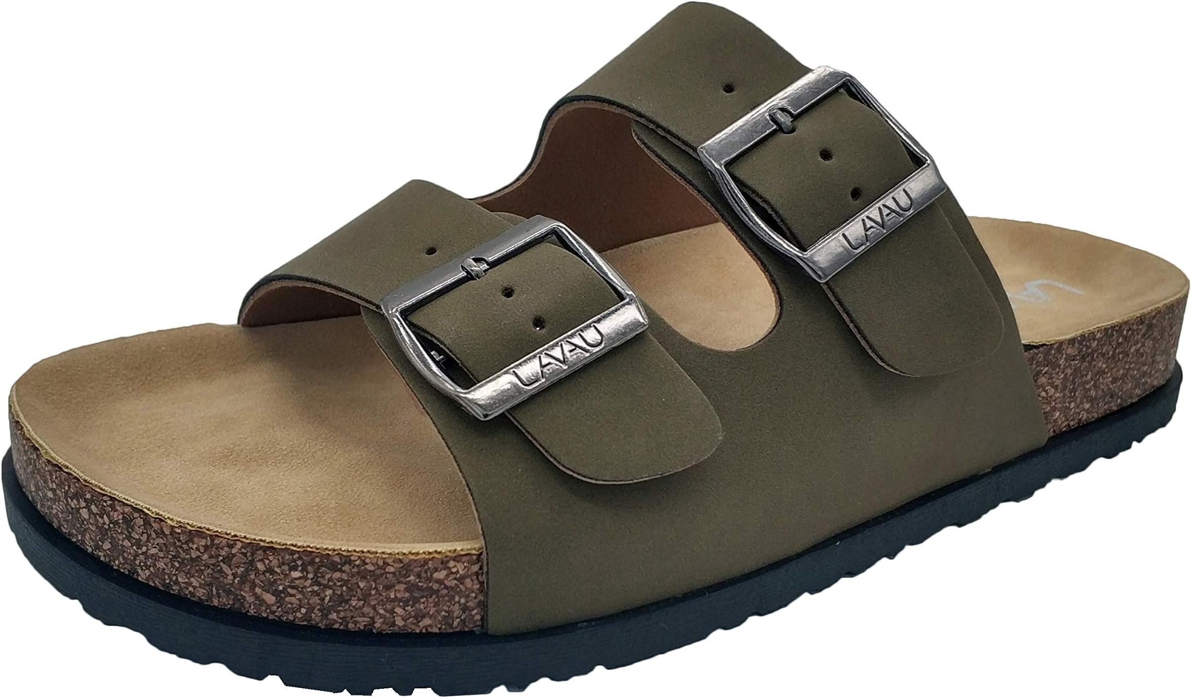 LAVAU Women's 2-Strap Cork Footbed Slide Sandals Double Buckle Adjustable Flat Sandals