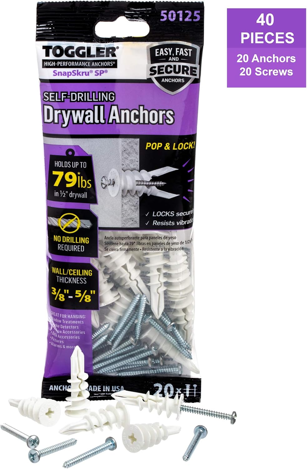 TOGGLER SnapSkru SelfDrilling Drywall Anchor, Pack of 20 by TOGGLER