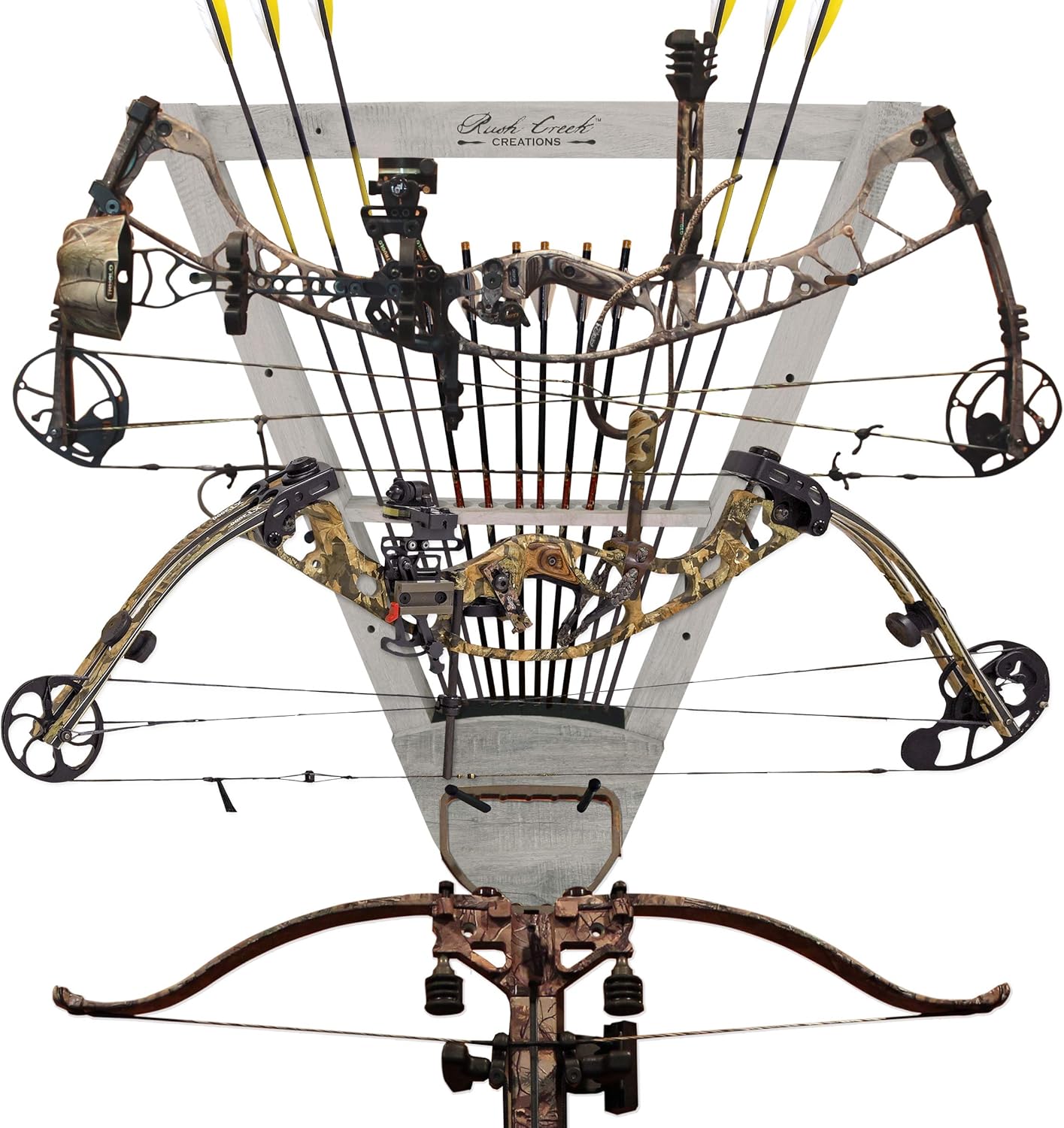 Rush Creek Creations Universal 3 Archery Bow Rack Wall Mount with 12 Arrow Capacity Barn Wood Finish - Features 3 Adjustable Bow Hanging Locations (38-4048) : Sports & Outdoors