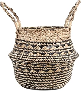 BlueMake Woven Seagrass Plant Basket with Handles,for Laundry, Picnic,Decorative Living,Laundry Room and Bedroom (Medium, Olive Blossom)