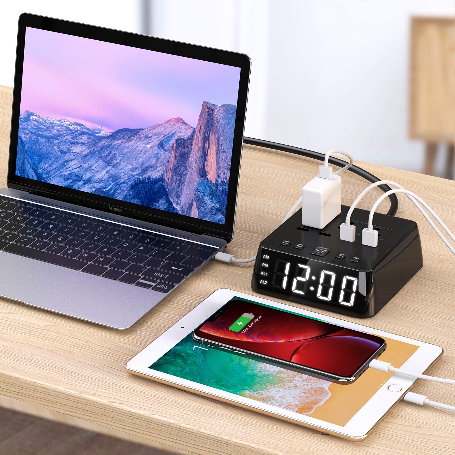 Yostyle Alarm Clock Charger w/4 USB Ports & 3 AC Outlets, 6ft Power Cord Charging Station Power Strip for Hotel Home,UL Tested (Dual Alarm,4 Dimmer Brightness,Snooze,ON/Off Switch,Battery Backup)