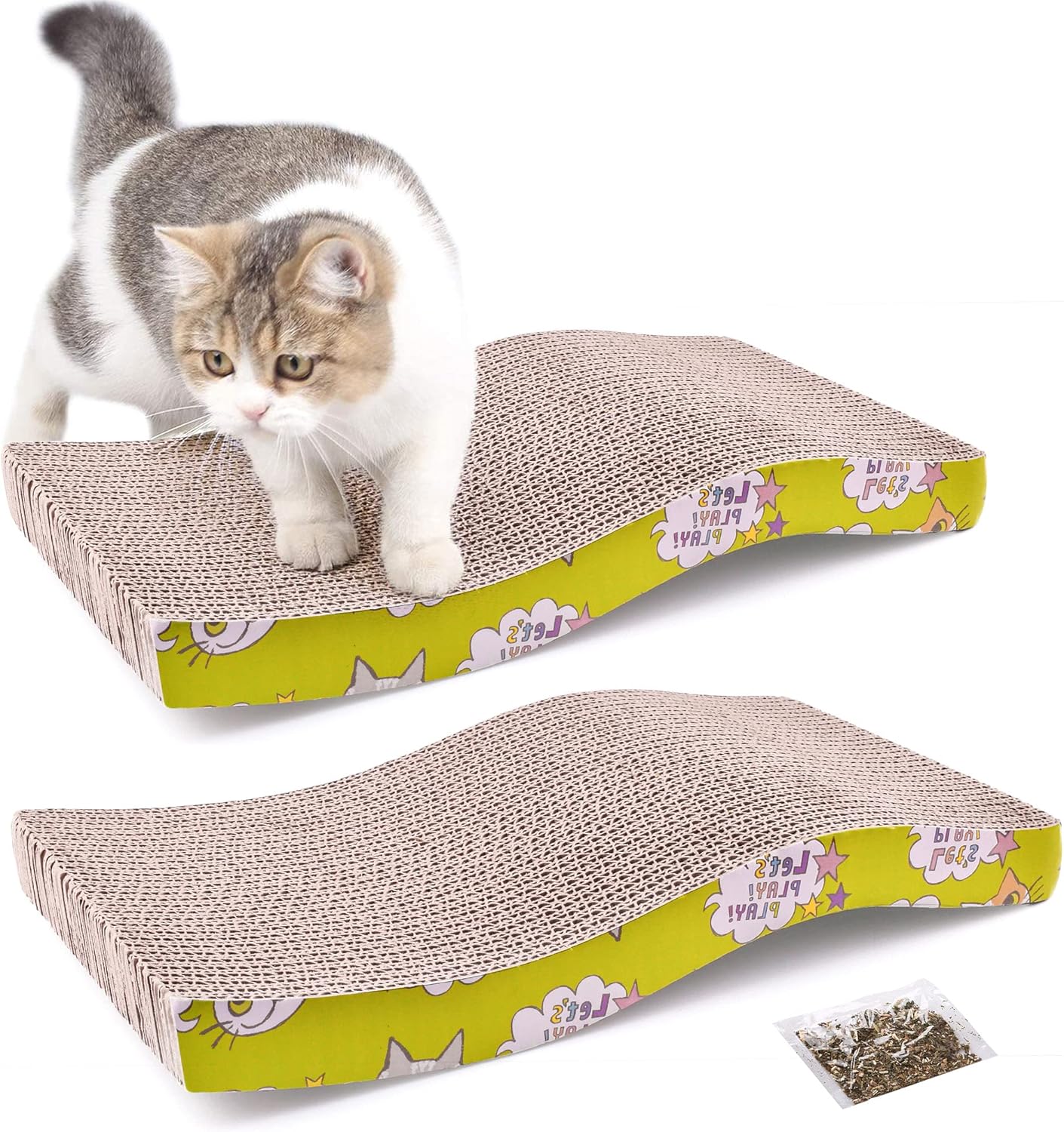 PrimePets 2 Pack Cat Scratcher Lounge, Recycle Corrugated Cat Scratcher Cardboard, Cat Scratching Lounger Sofa Bed Couch, Kitty Wave Scratcher Lounger for Small Kitty, Catnip Included