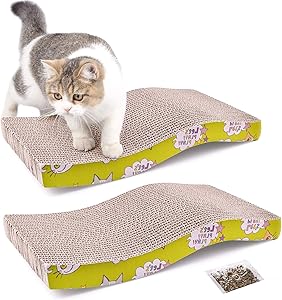 PrimePets 2 Pack Cat Scratcher Lounge, Recycle Corrugated Cat Scratcher Cardboard, Cat Scratching Lounger Sofa Bed Couch, Kitty Wave Scratcher Lounger for Small Kitty, Catnip Included